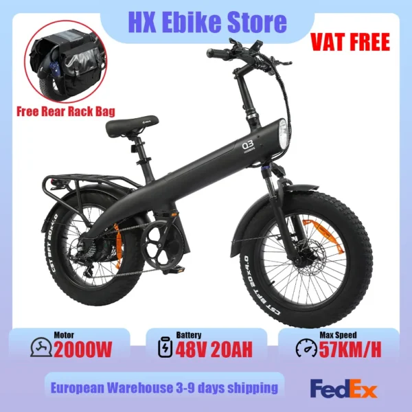 Vélo électrique tout-terrain HX-Q3 - Pneus larges 20 pouces et puissance 2000W