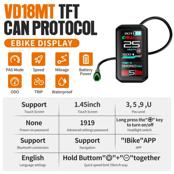 Écran tactile couleur VD18MT pour vélo électrique avec compatibilité protocoles multiples vue 2