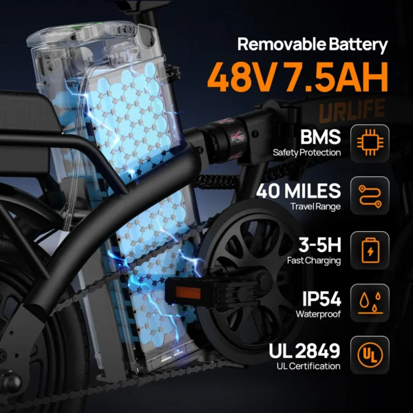 Vélo électrique pliable URLIFE F1L 14 pouces - Moteur 250W et batterie amovible 48V vue 2