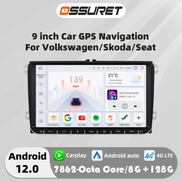 Autoradio Multimédia GPS Android 12 pour Véhicules Volkswagen, Skoda et Seat