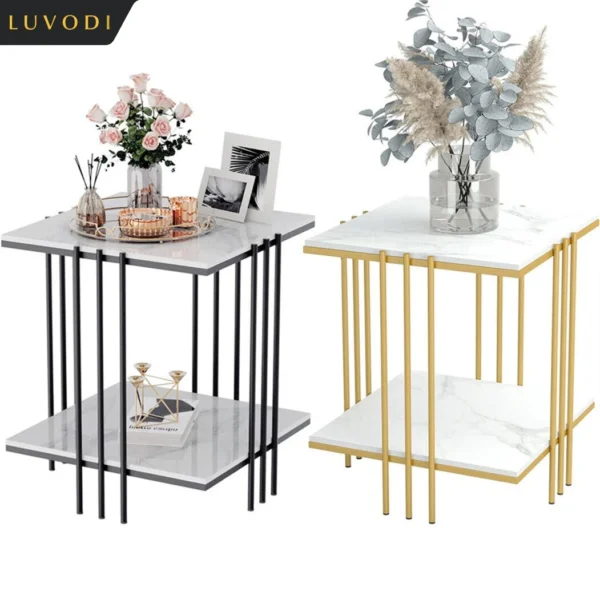 LUVODI Table d'Appoint Moderne 2 Niveaux Marbre et Métal Doré
