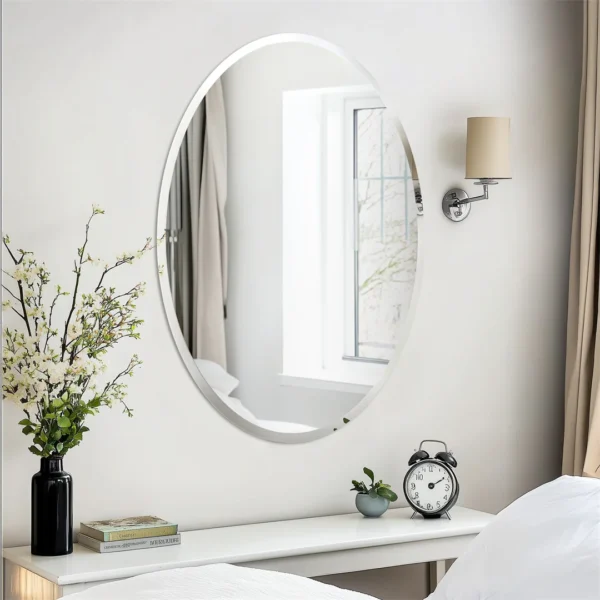 Miroir de Vanité Ovale sans Cadre LUVODI - Décoration Murale Argentée avec Bord Biseauté vue 2
