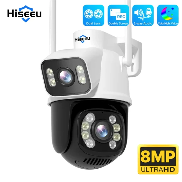 Caméra de surveillance sans fil extérieure Hiseeu 8MP double objectif et double écran vision nocturne couleur