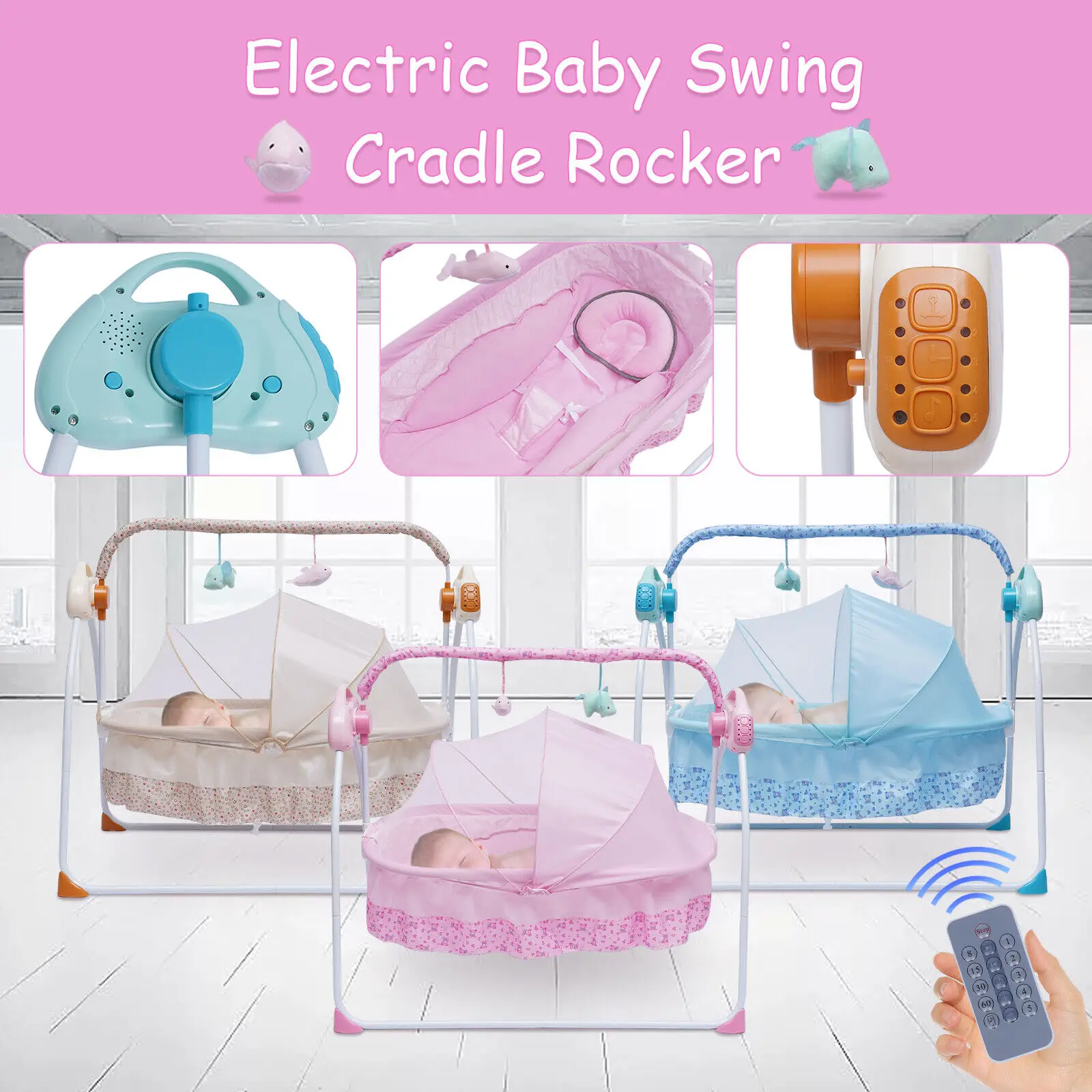 Berceau Électrique à Bascule et Balançoire Connectée pour Bébé - 5 Vitesses et Musique Bluetooth