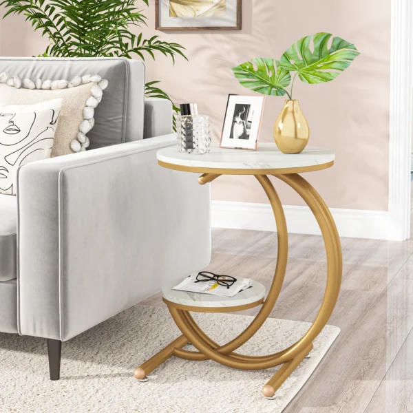 Tribesigns Table d'Appoint Ronde Moderne, Plateau Effet Marbre Blanc et Structure Dorée vue 2