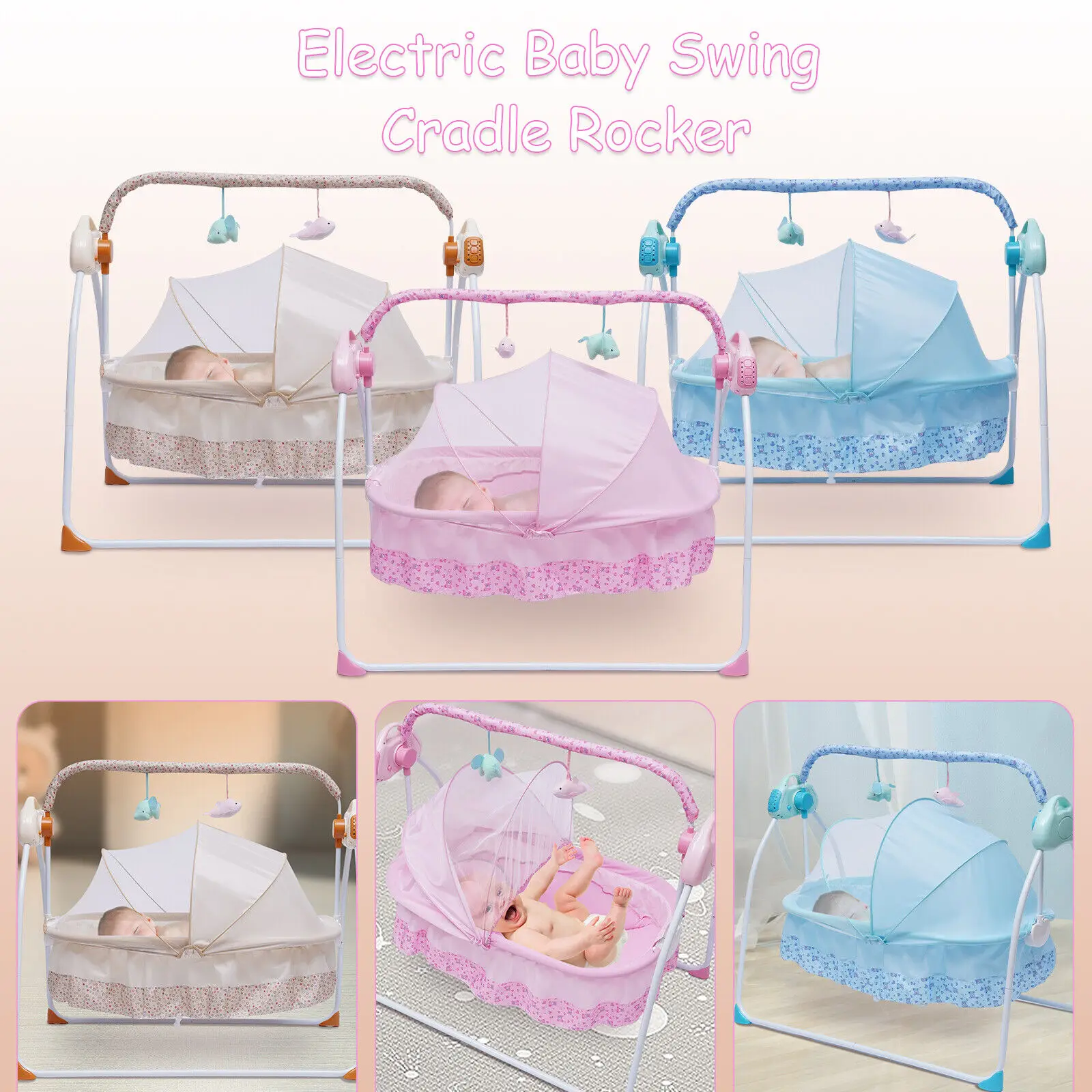 Berceau Électrique à Bascule et Balançoire Connectée pour Bébé - 5 Vitesses et Musique Bluetooth vue 2