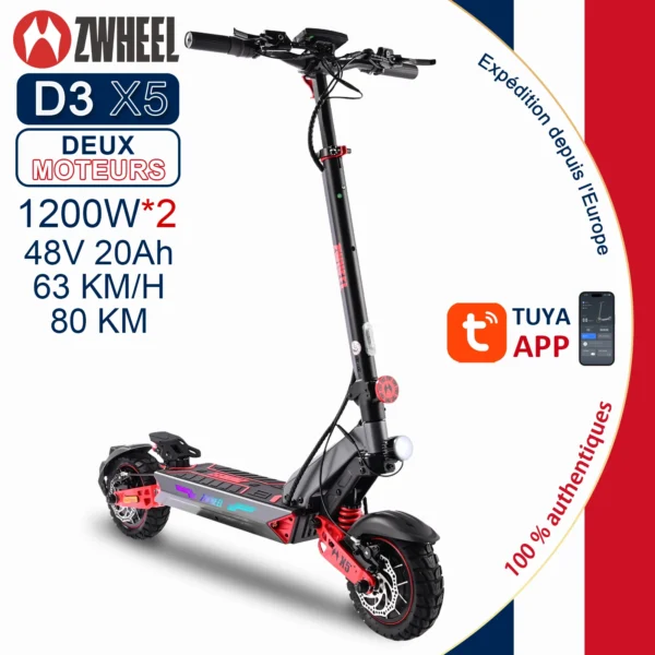Trottinette Électrique Adulte ZWHEEL D3 X5 - Double Moteur 2400W & Autonomie 80 km