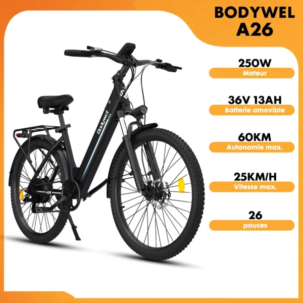 Vélo électrique urbain Bodywel A26 250W - Autonomie 60km et cadre bas