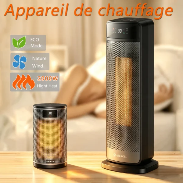 Chauffage Soufflant Portable et Oscillant 2000W avec Technologie PTC et Thermostat