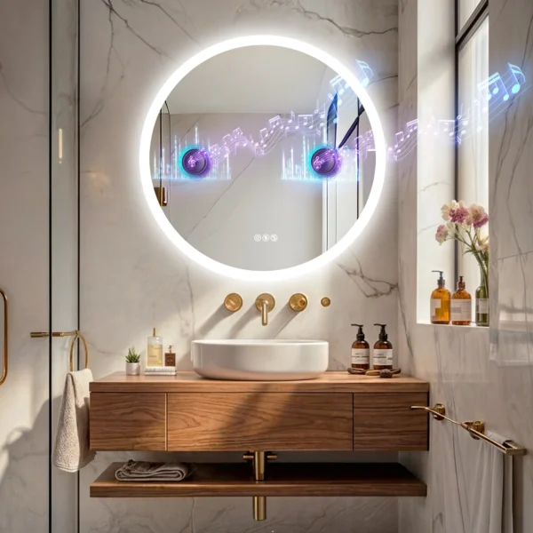 Miroir de salle de bain rond rétroéclairé 32 pouces avec Bluetooth et désembuage