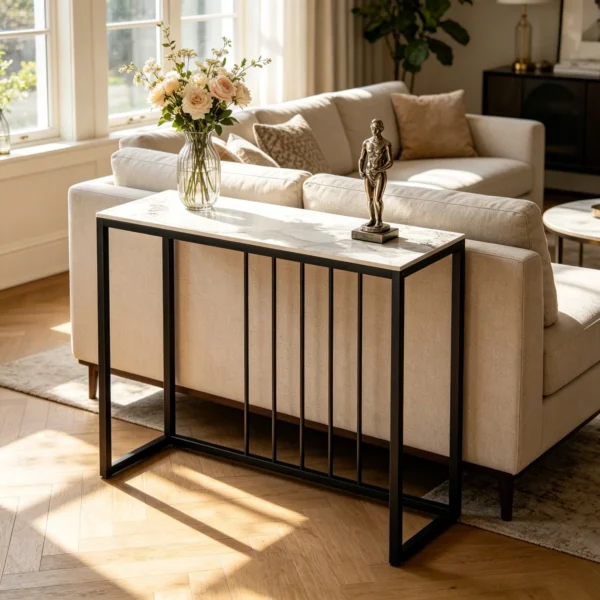 Table Console Rectangulaire 80 cm avec Piétement Métal et Plateau Effet Pierre
