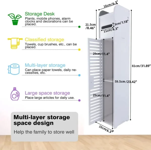 Armoire de rangement de salle de bain étroite et autoportante avec porte et porte-rouleau vue 2