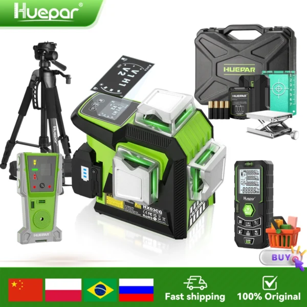 Niveau laser 3D 12 lignes Huepar HX03CG vert haute précision avec écran LCD