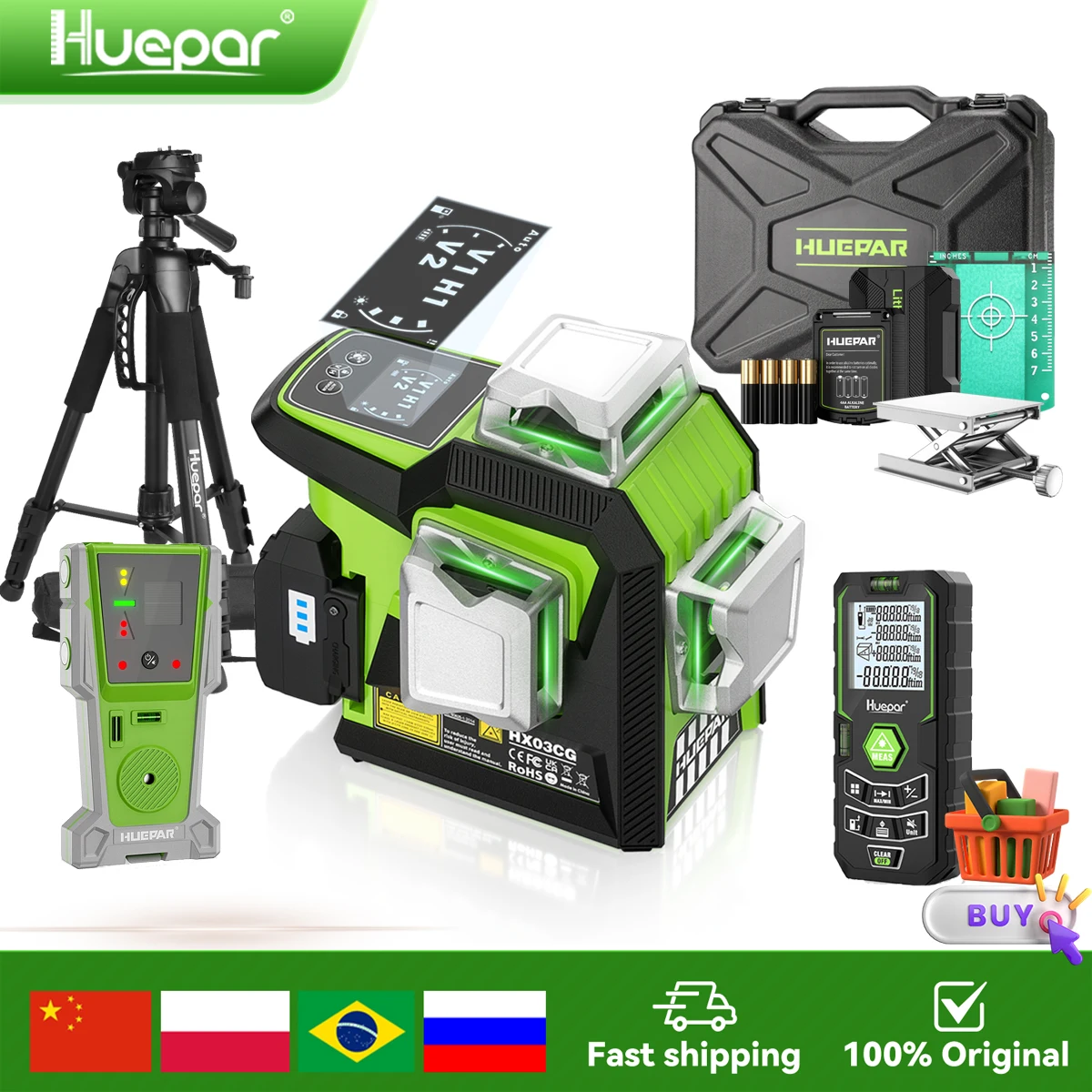 Niveau laser 3D 12 lignes Huepar HX03CG vert haute précision avec écran LCD