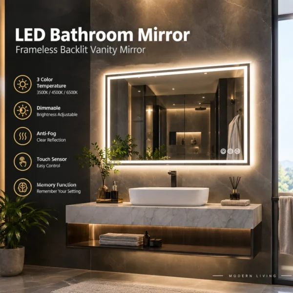 Miroir de salle de bain LED LUVODI rétro-éclairé avec anti-buée et intensité variable