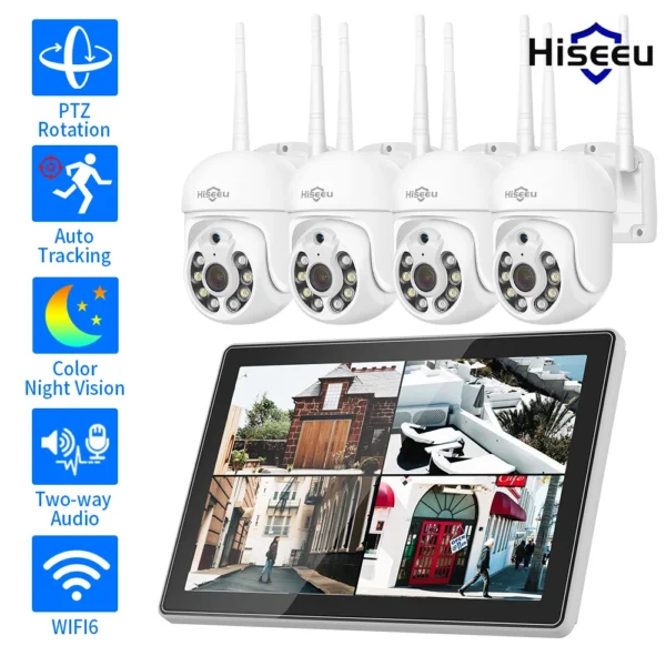 Hiseeu Kit de Surveillance Caméra IP PTZ sans Fil avec Moniteur NVR 10.1 Pouces 3/5MP