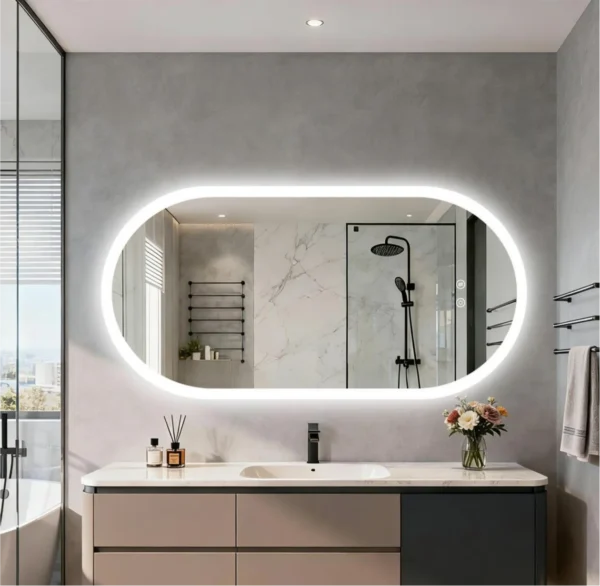 Miroir Mural Ovale Rétroéclairé LED avec Fonction Anti-Buée et Mémoire Intelligente