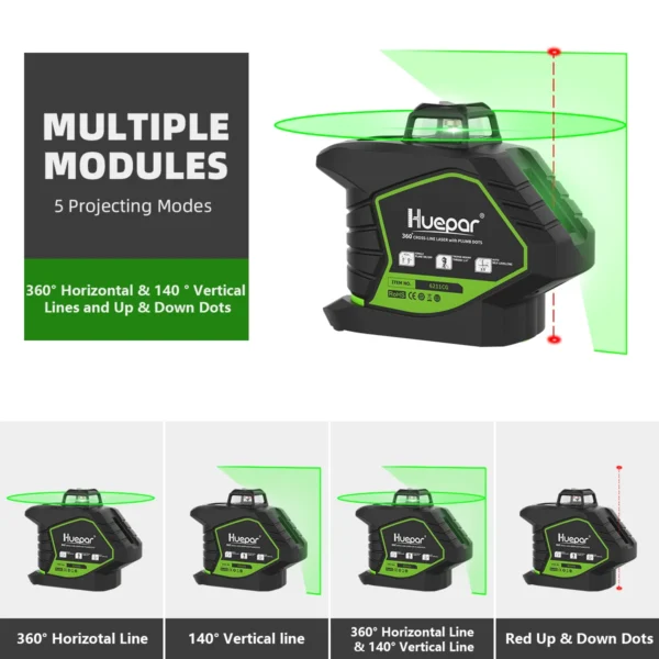 Huepar – Niveau laser vert 5 lignes 360° avec 2 points d'aplomb et batterie lithium 6211CG vue 2