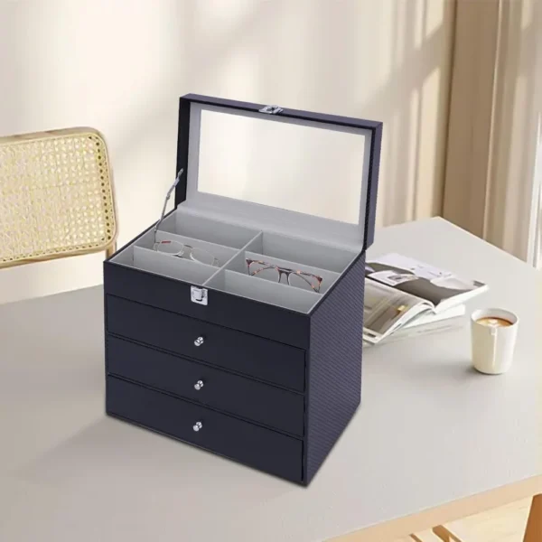 Boîte de Rangement pour 24 Paires de Lunettes - Organisateur à 4 Niveaux avec Vitrine Transparente