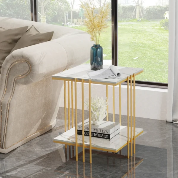 LUVODI Table d'Appoint Moderne 2 Niveaux Marbre et Métal Doré vue 2