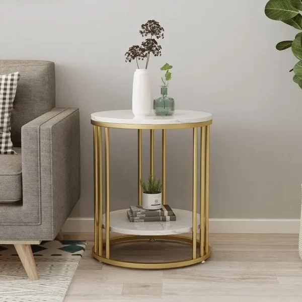 Table d'appoint ronde à deux niveaux effet marbre et cadre doré