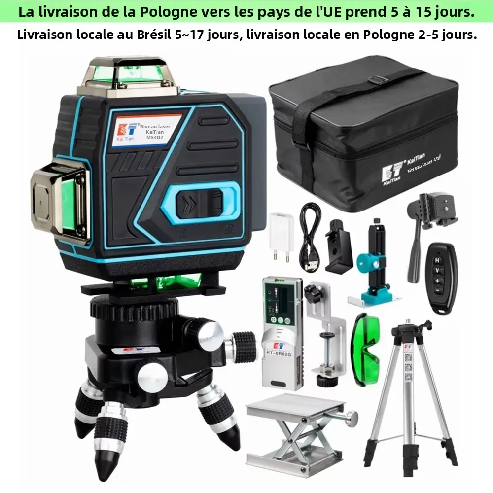 Niveau laser croisé 360° KaiTian à ligne verte professionnelle avec trépied et récepteur