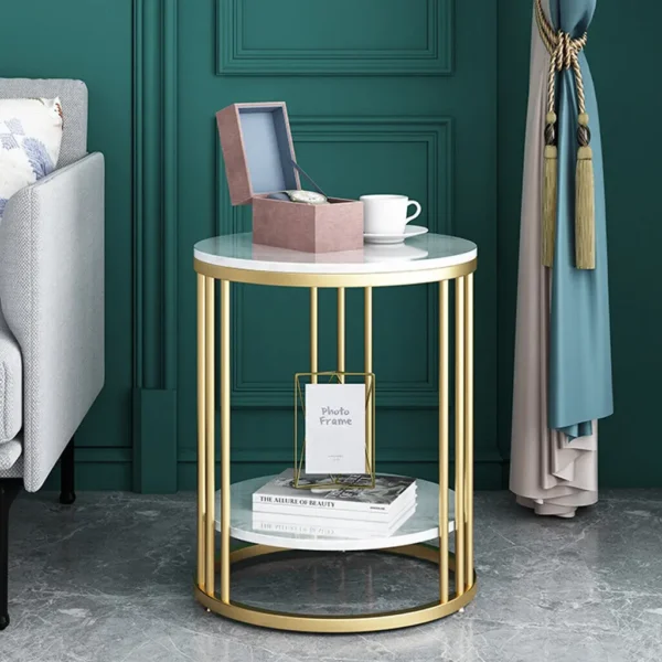Table d'appoint ronde à deux niveaux effet marbre et cadre doré vue 2