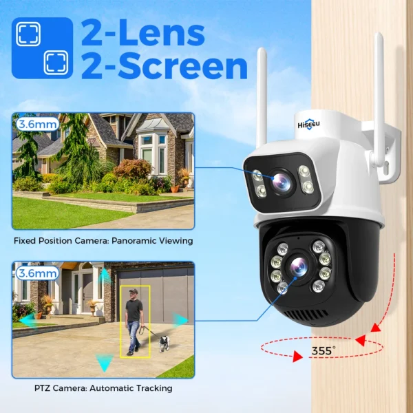 Caméra de surveillance sans fil extérieure Hiseeu 8MP double objectif et double écran vision nocturne couleur vue 2