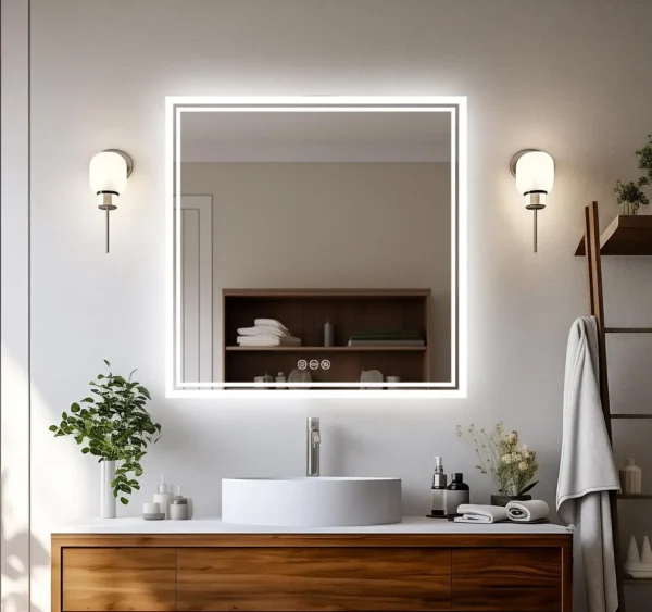 Miroir Carré Rétroéclairé LED 80x80cm avec Système Anti-Buée et Mémoire Intelligente
