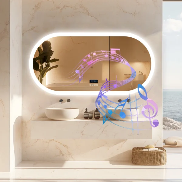Miroir de Salle de Bain Ovale à LED avec Bluetooth, Rétroéclairage et Antibuée