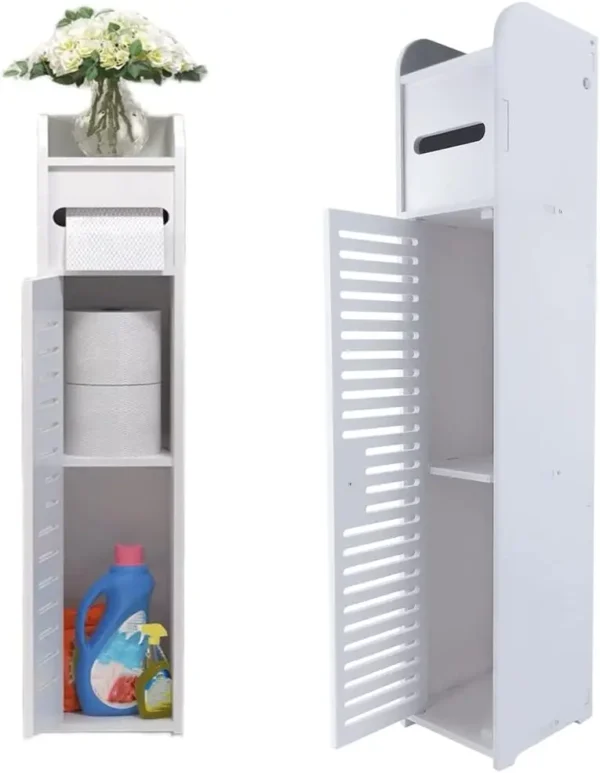 Armoire de rangement de salle de bain étroite et autoportante avec porte et porte-rouleau