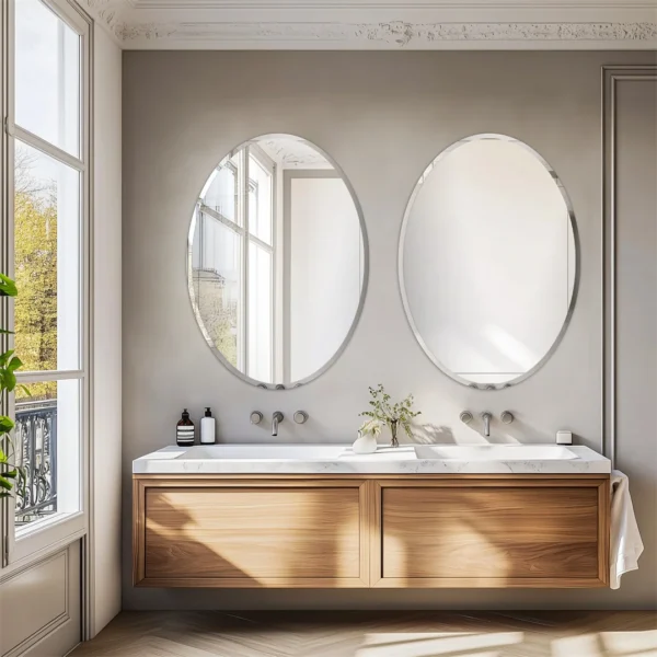 Miroir de Vanité Ovale sans Cadre LUVODI - Décoration Murale Argentée avec Bord Biseauté