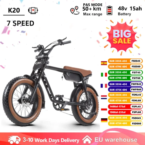 Vélo Électrique Adulte CMACEWHEEL K20 Pneus Larges 20 Pouces Moteur 60 Nm