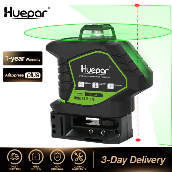 Huepar – Niveau laser vert 5 lignes 360° avec 2 points d'aplomb et batterie lithium 6211CG