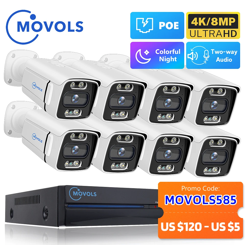 Système de Caméra de Sécurité MOVOLS 8CH PoE - Kit de Surveillance Vidéo 5MP/8MP avec Audio Bidirectionnel et Vision Nocturne
