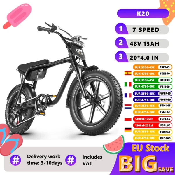 Vélo électrique tout-terrain K20 48V 15Ah - Pneus larges 20 pouces