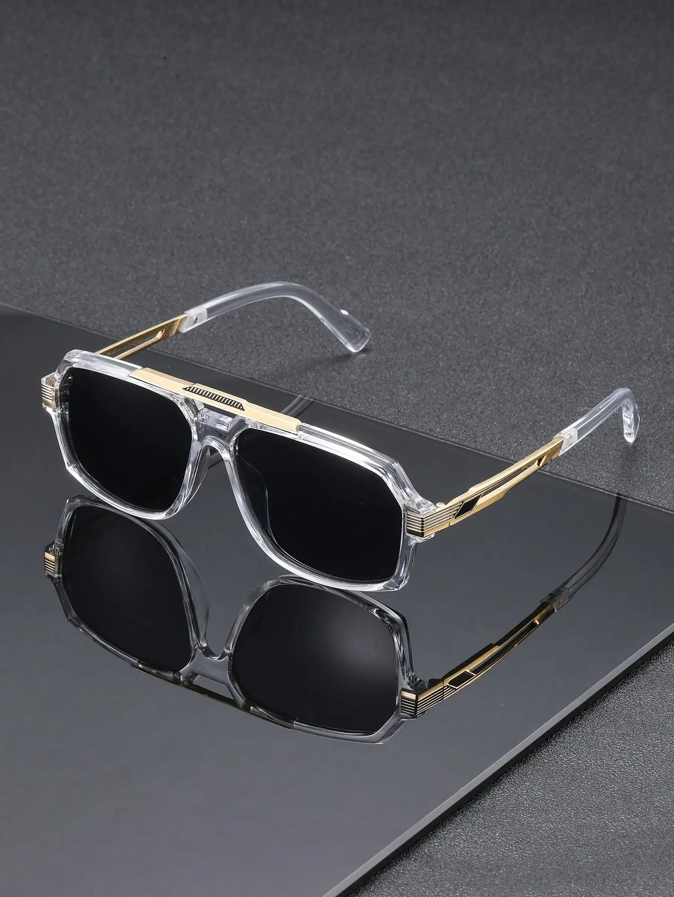 Lunettes de soleil pilote classiques pour hommes - Monture transparente grise vue 2
