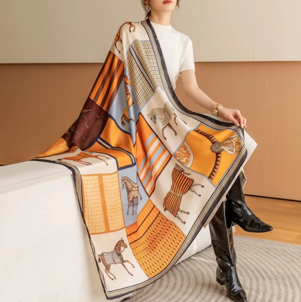 Foulard Carré Imprimé Cheval de Luxe - Châle Vintage en Imitation Soie