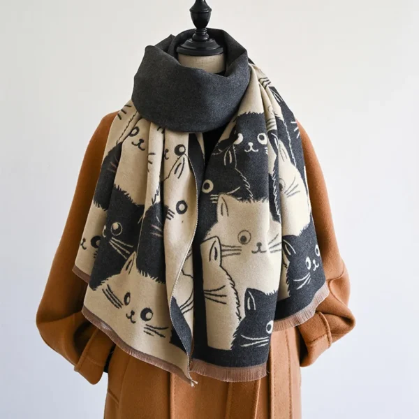 Écharpe d'Hiver en Cachemire Jacquard Motif Chat Mignon - Châle Douillet et Chaud