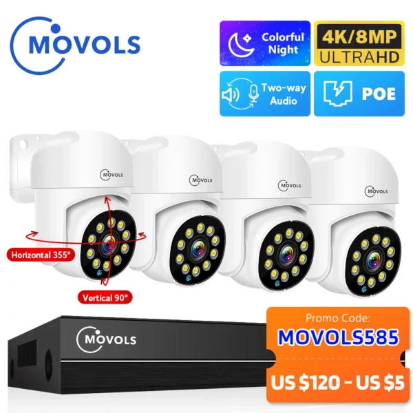 Système de Vidéosurveillance Complet Movols POE 4K 8MP/4MP PTZ avec NVR 8CH