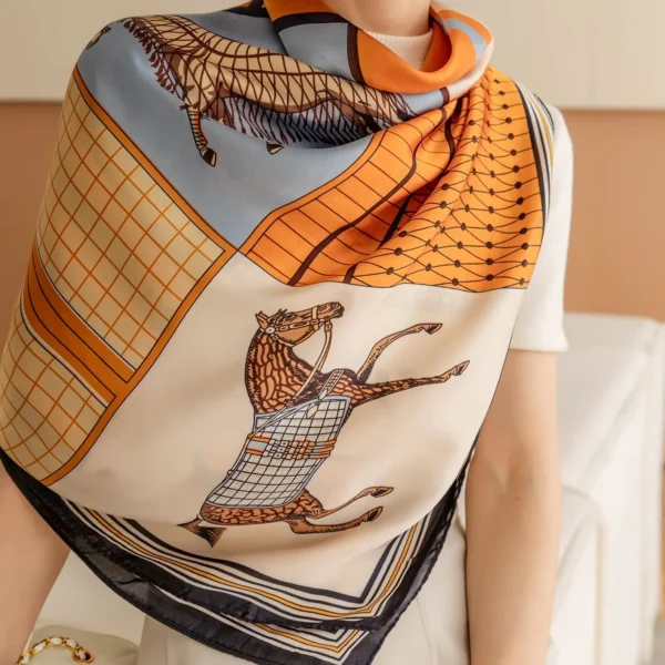 Foulard Carré Imprimé Cheval de Luxe - Châle Vintage en Imitation Soie vue 2