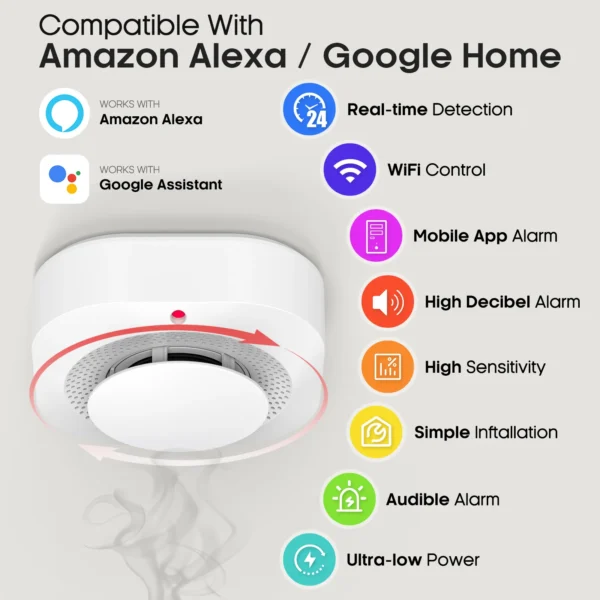 Détecteur de fumée intelligent WiFi PGST Tuya avec alarme 90 dB vue 2