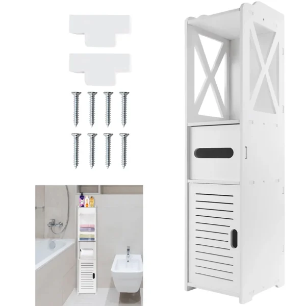 Armoire de sol mince et autoportante pour salle de bain avec rangement et distributeur de papier