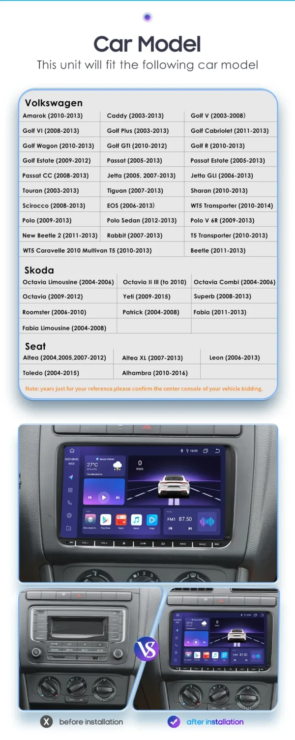 Autoradio Multimédia GPS Android 12 pour Véhicules Volkswagen, Skoda et Seat vue 2