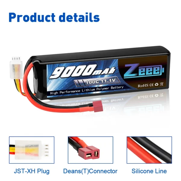 Batterie Lipo Zeee 3S 9000mAh 11.1V 100C avec Prise Deans vue 2