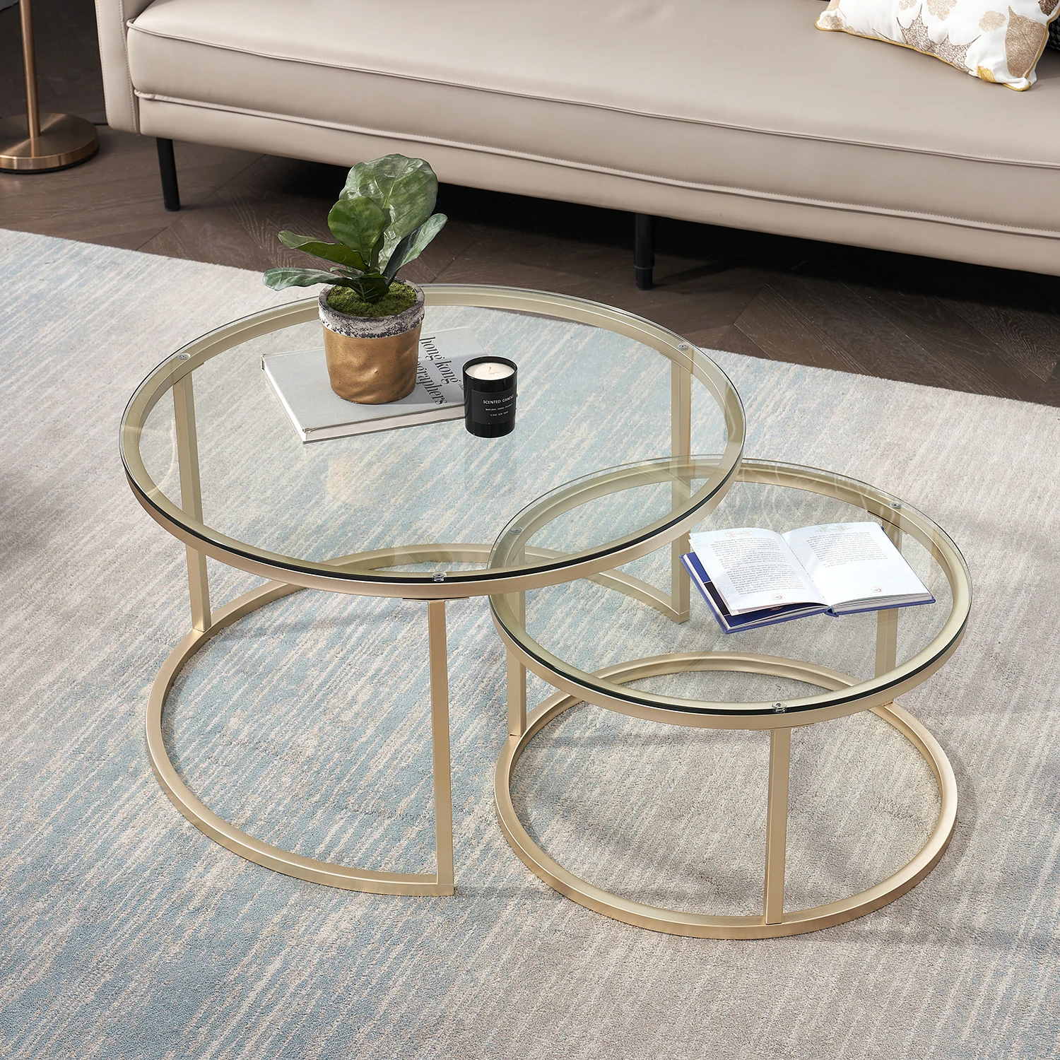 Ensemble de Deux Tables Basses Rondes Gigantiques EGOONM Effet Marbre Gris