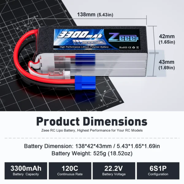 Lot de 2 Batteries Zeee 6S Lipo 3300mAh 22.2V 120C avec Prise EC5 vue 2