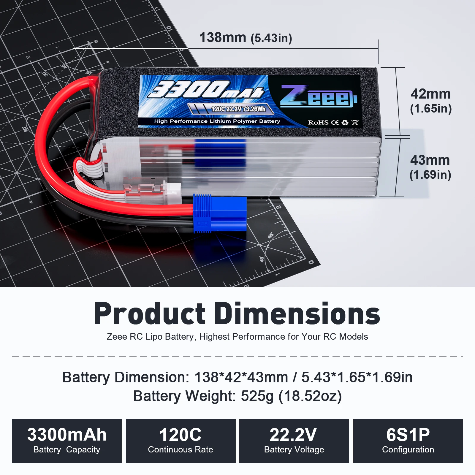 Lot de 2 Batteries Zeee 6S Lipo 3300mAh 22.2V 120C avec Prise EC5 vue 2