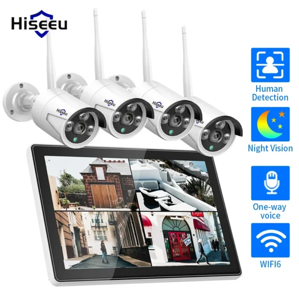 Kit de Vidéosurveillance Sans Fil avec Écran 10.1 Pouces et Caméras IP Étanches