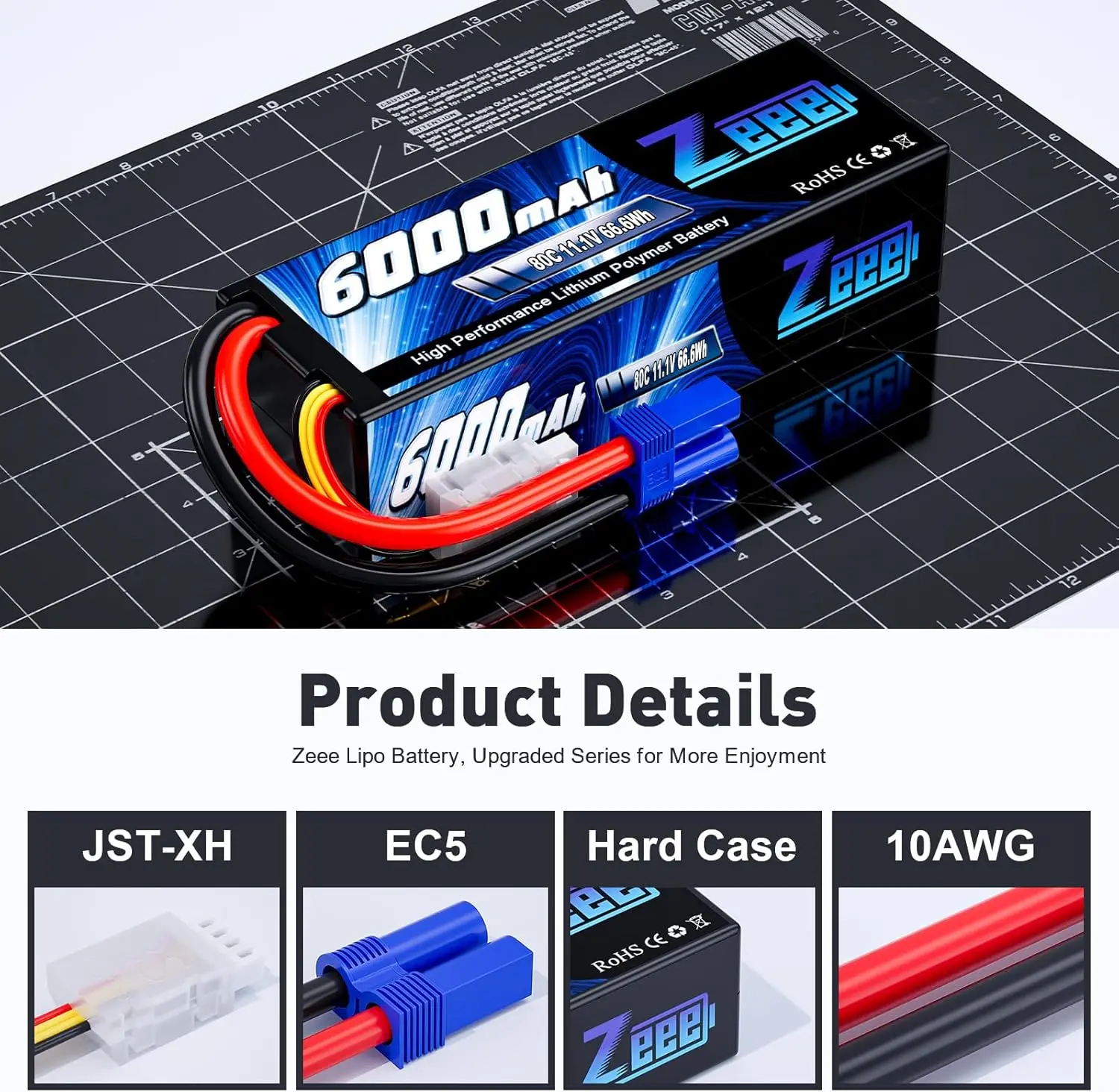 Batterie Lipo 3S 11.1V 6000mAh 80C avec Boîtier Rigide et Prise EC5 Zeee image 3